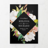 Blush Pink Floral Gold QR Code Black Wedding Drieluik Uitnodiging (Cover)