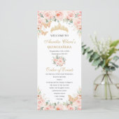 Blush Pink Floral Gold Quinceañera Evenementenvolg Programmakaart (Staand voorkant)