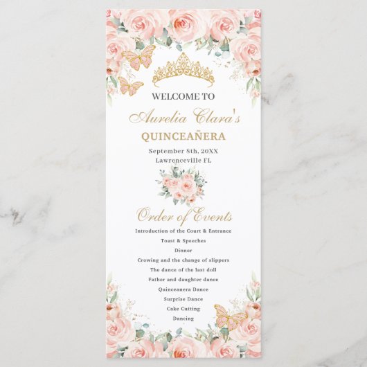 Blush Pink Floral Gold Quinceañera Evenementenvolg Programmakaart (Voorkant)