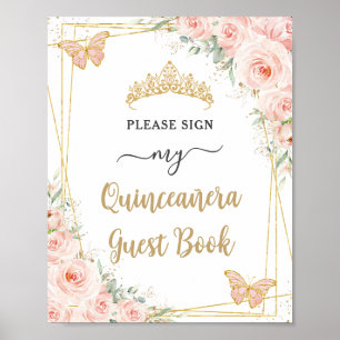 Blush Pink Floral Gold Quinceanera Guest Book Sign Poster