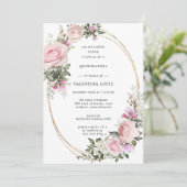 Blush Pink Floral Gold Quinceanera Kaart (Staand voorkant)