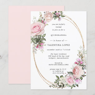 Blush Pink Floral Gold Quinceanera Kaart