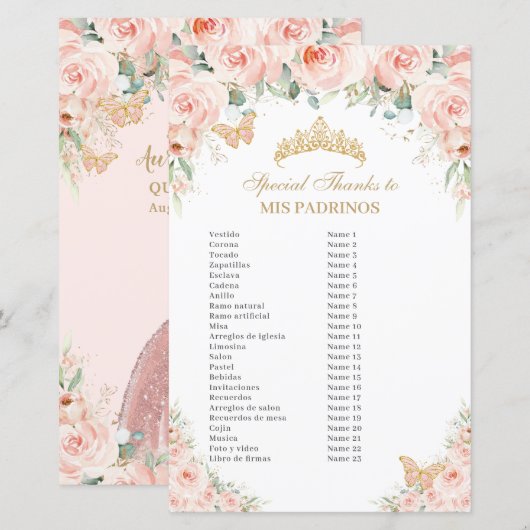 Blush Pink Floral Gold Quinceañera Mis Padrinos (Voorkant / Achterkant)