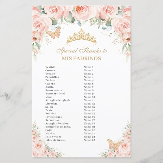 Blush Pink Floral Gold Quinceañera Mis Padrinos (Voorkant)