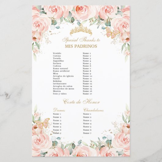 Blush Pink Floral Gold Quinceañera Padrinos Evenem (Achterkant)