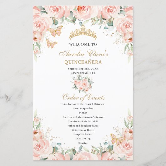 Blush Pink Floral Gold Quinceañera Padrinos Evenem (Voorkant)
