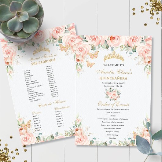 Blush Pink Floral Gold Quinceañera Padrinos Evenem