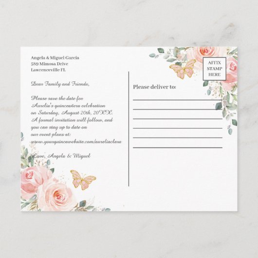 Blush Pink Floral Gold Quinceanera Save the Date Aankondigingskaart (Achterkant)