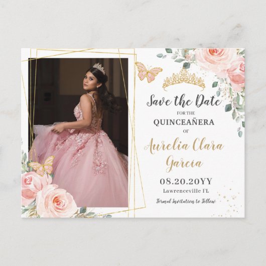 Blush Pink Floral Gold Quinceanera Save the Date Aankondigingskaart (Voorkant)