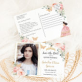 Blush Pink Floral Gold Quinceanera Save the Date Aankondigingskaart