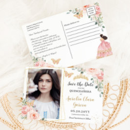 Blush Pink Floral Gold Quinceanera Save the Date Aankondigingskaart