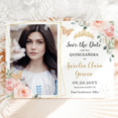 Blush Pink Floral Gold Quinceanera Save the Date Aankondigingskaart