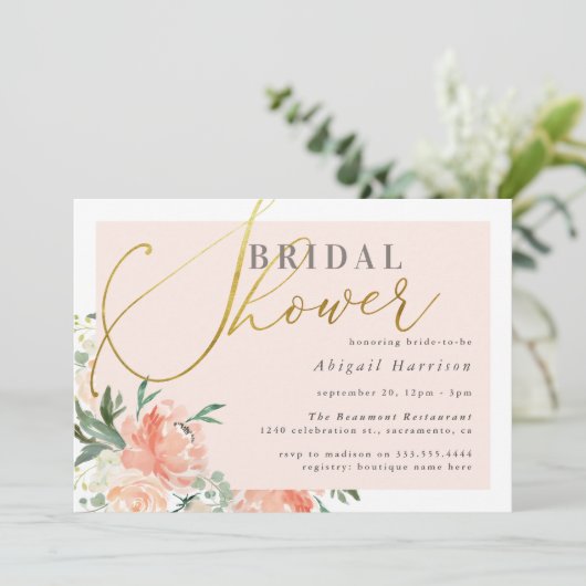 Blush Pink Floral Gold Script Vrijgezellenfeest Kaart (Staand voorkant)