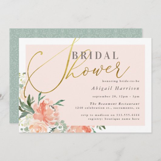Blush Pink Floral Gold Script Vrijgezellenfeest Kaart (Voorkant / Achterkant)