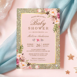Blush Pink Floral Gold Sparkles Baby shower Kaart