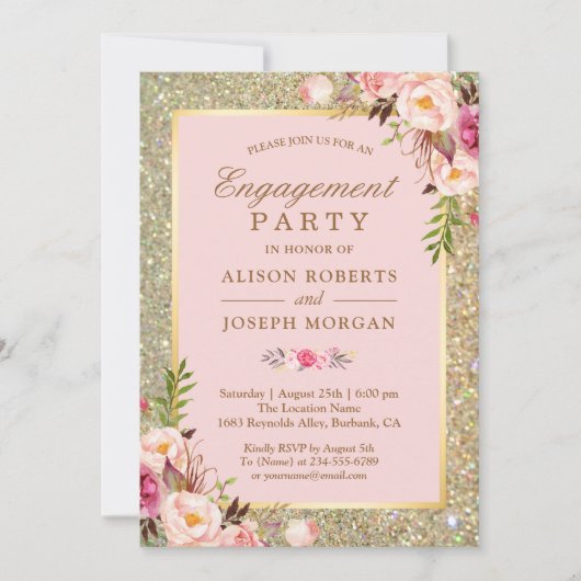 Blush Pink Floral Gold Sparkles Engagement Party Kaart (Voorkant)