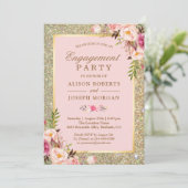 Blush Pink Floral Gold Sparkles Engagement Party Kaart (Staand voorkant)