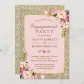 Blush Pink Floral Gold Sparkles Engagement Party Kaart (Voorkant / Achterkant)
