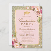 Blush Pink Floral Gold Sparkles Graduparty Kaart (Voorkant)
