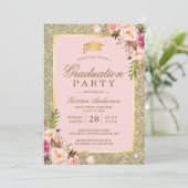 Blush Pink Floral Gold Sparkles Graduparty Kaart (Staand voorkant)