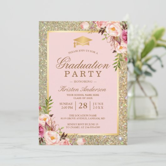 Blush Pink Floral Gold Sparkles Graduparty Kaart (Staand voorkant)