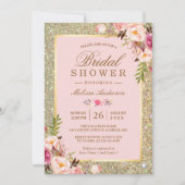 Blush Pink Floral Gold Sparkles Vrijgezellenfeest Kaart (Voorkant)