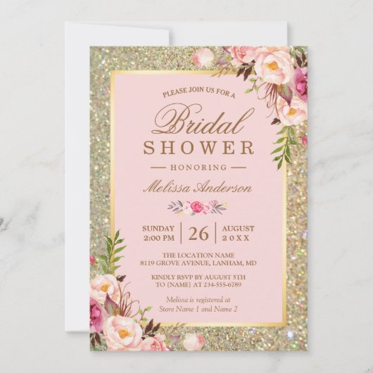 Blush Pink Floral Gold Sparkles Vrijgezellenfeest Kaart (Voorkant)
