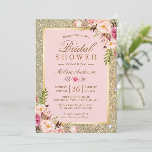 Blush Pink Floral Gold Sparkles Vrijgezellenfeest Kaart (Staand voorkant)