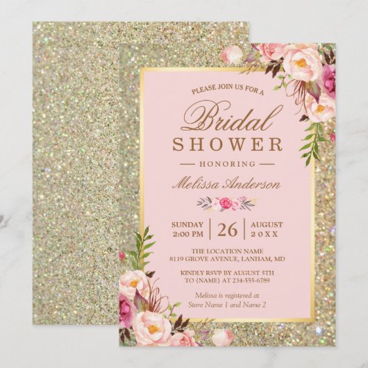 Blush Pink Floral Gold Sparkles Vrijgezellenfeest Kaart (Voorkant / Achterkant)