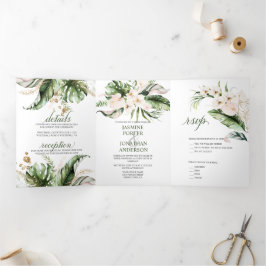 Blush Pink Floral Gold Tropical Greenery Wedding Drieluik Uitnodiging