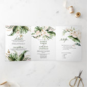 Blush Pink Floral Gold Tropical Greenery Wedding Drieluik Uitnodiging (Binnen)