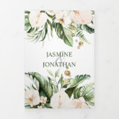 Blush Pink Floral Gold Tropical Greenery Wedding Drieluik Uitnodiging (Cover)