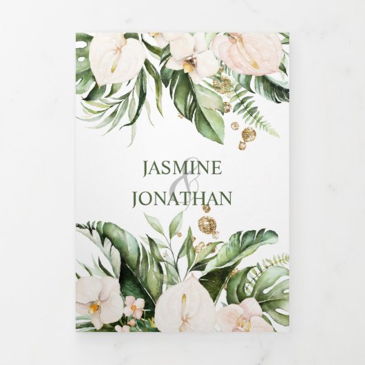 Blush Pink Floral Gold Tropical Greenery Wedding Drieluik Uitnodiging (Cover)