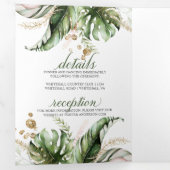 Blush Pink Floral Gold Tropical Greenery Wedding Drieluik Uitnodiging (Binnenzijde eerst)
