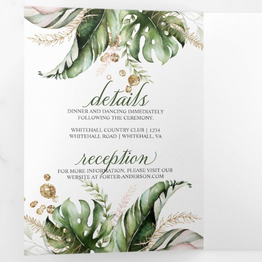 Blush Pink Floral Gold Tropical Greenery Wedding Drieluik Uitnodiging (Binnenzijde eerst)