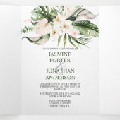 Blush Pink Floral Gold Tropical Greenery Wedding Drieluik Uitnodiging (Binnenkant midden)