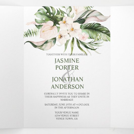 Blush Pink Floral Gold Tropical Greenery Wedding Drieluik Uitnodiging (Binnenkant midden)