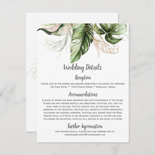 Blush Pink Floral Gold Tropical Greenery Wedding Informatiekaartje (Voorkant / Achterkant)