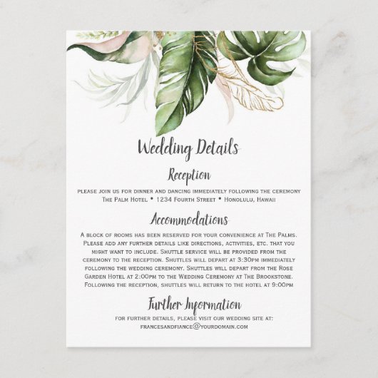 Blush Pink Floral Gold Tropical Greenery Wedding Informatiekaartje (Voorkant)