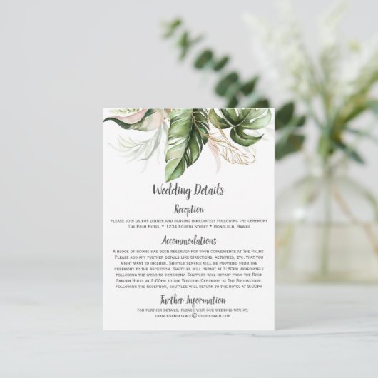 Blush Pink Floral Gold Tropical Greenery Wedding Informatiekaartje (Staand voorkant)