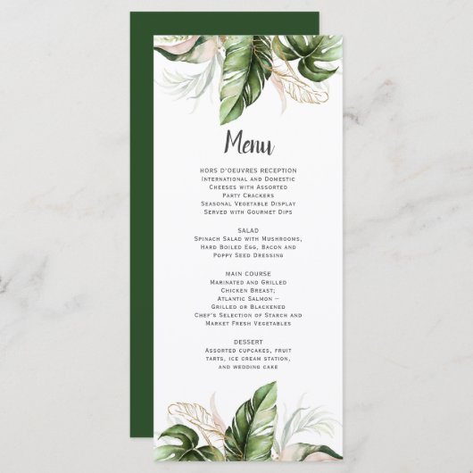 Blush Pink Floral Gold Tropical Greenery Wedding Menu (Voorkant / Achterkant)