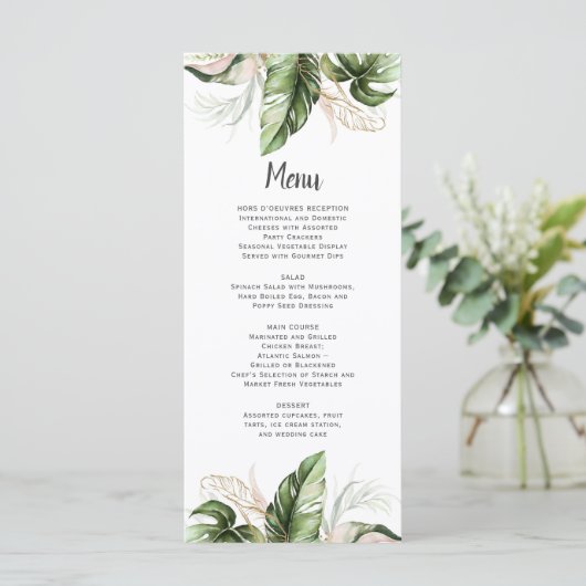 Blush Pink Floral Gold Tropical Greenery Wedding Menu (Staand voorkant)