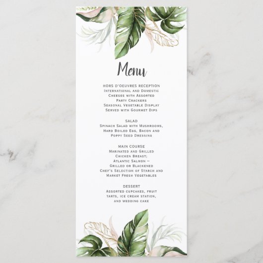 Blush Pink Floral Gold Tropical Greenery Wedding Menu (Voorkant)