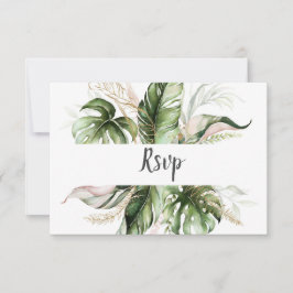 Blush Pink Floral Gold Tropical Greenery Wedding RSVP Kaartje