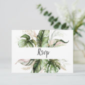 Blush Pink Floral Gold Tropical Greenery Wedding RSVP Kaartje (Staand voorkant)