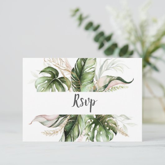Blush Pink Floral Gold Tropical Greenery Wedding RSVP Kaartje (Staand voorkant)