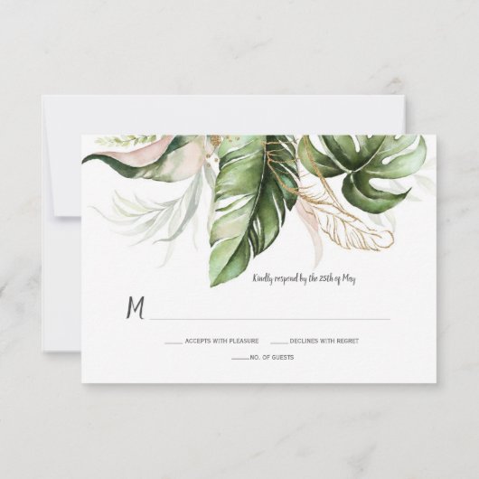 Blush Pink Floral Gold Tropical Greenery Wedding RSVP Kaartje (Achterkant)