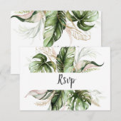 Blush Pink Floral Gold Tropical Greenery Wedding RSVP Kaartje (Voorkant / Achterkant)
