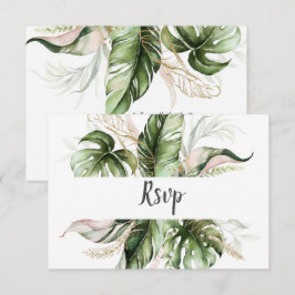 Blush Pink Floral Gold Tropical Greenery Wedding RSVP Kaartje