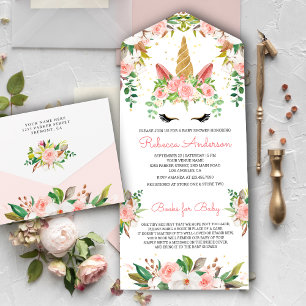 Blush Pink Floral Gold Unicorn Baby shower All In One Uitnodiging
